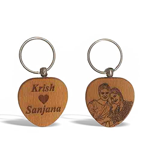 Personalized Engraved Photo Wooden Heart Shape Keychain(2X3.